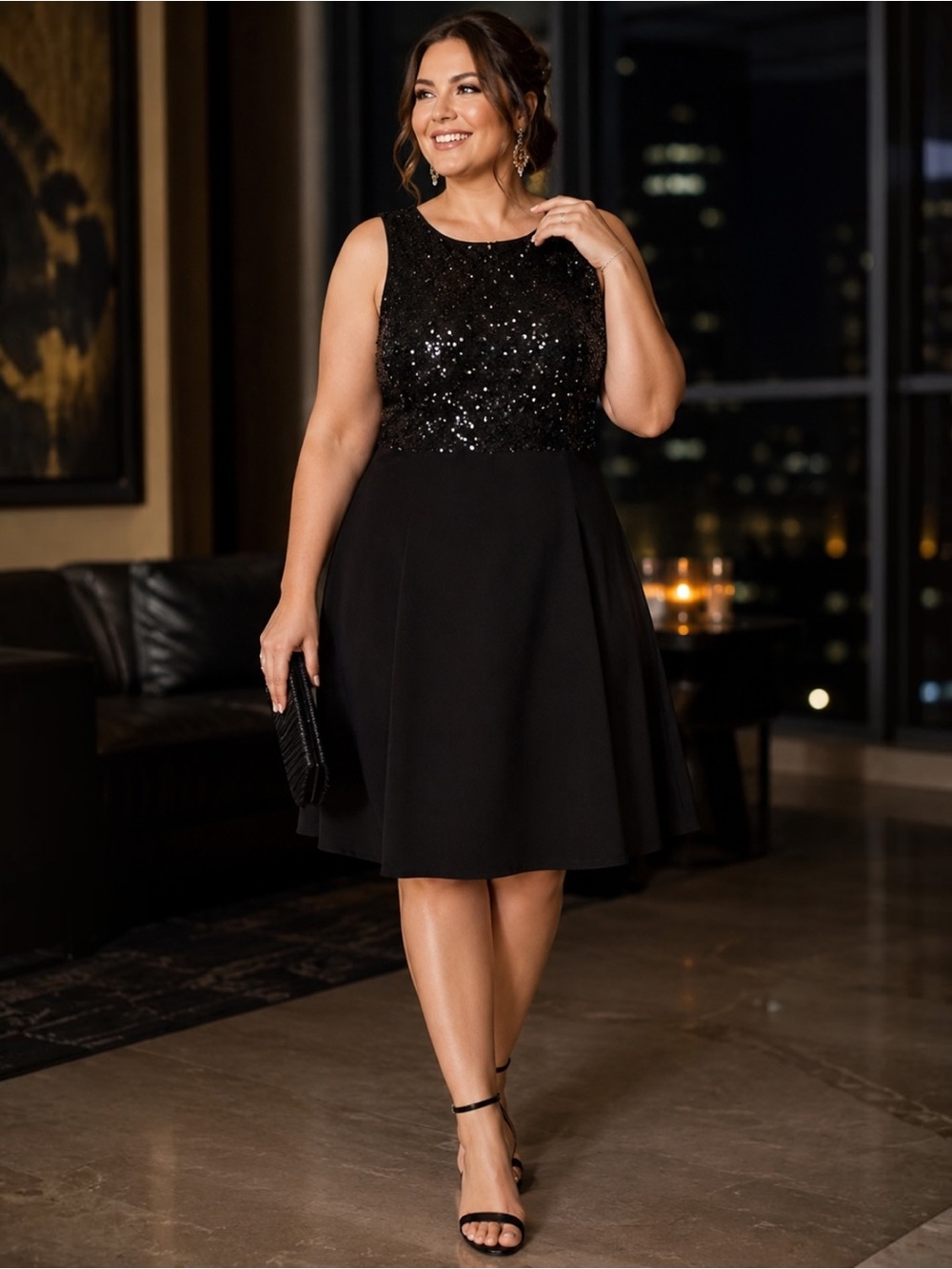 NWT London Times Black Sequin Fit & Flare Cocktail Party Dress Size 16